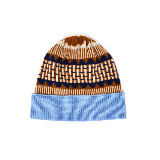 A Scarlet Knitwear brand 100% lambswool knitted hat with a light blue rib and geometric design in brown and cream.