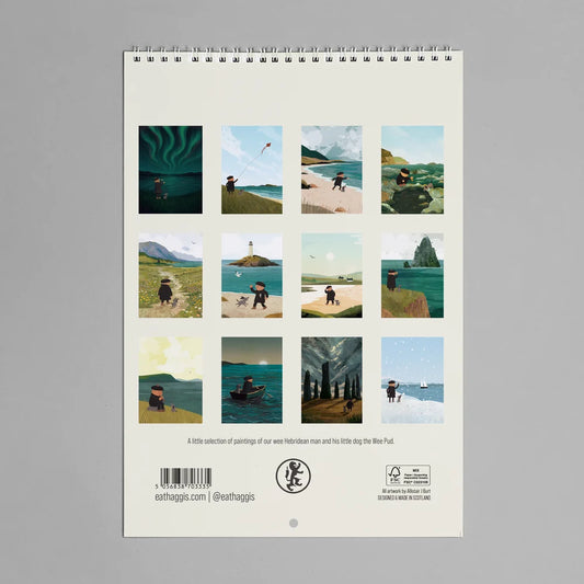 Back of 'The Wee Hebridean' 2027 calendar by Hole In My Pocket showing the artwork for each month.