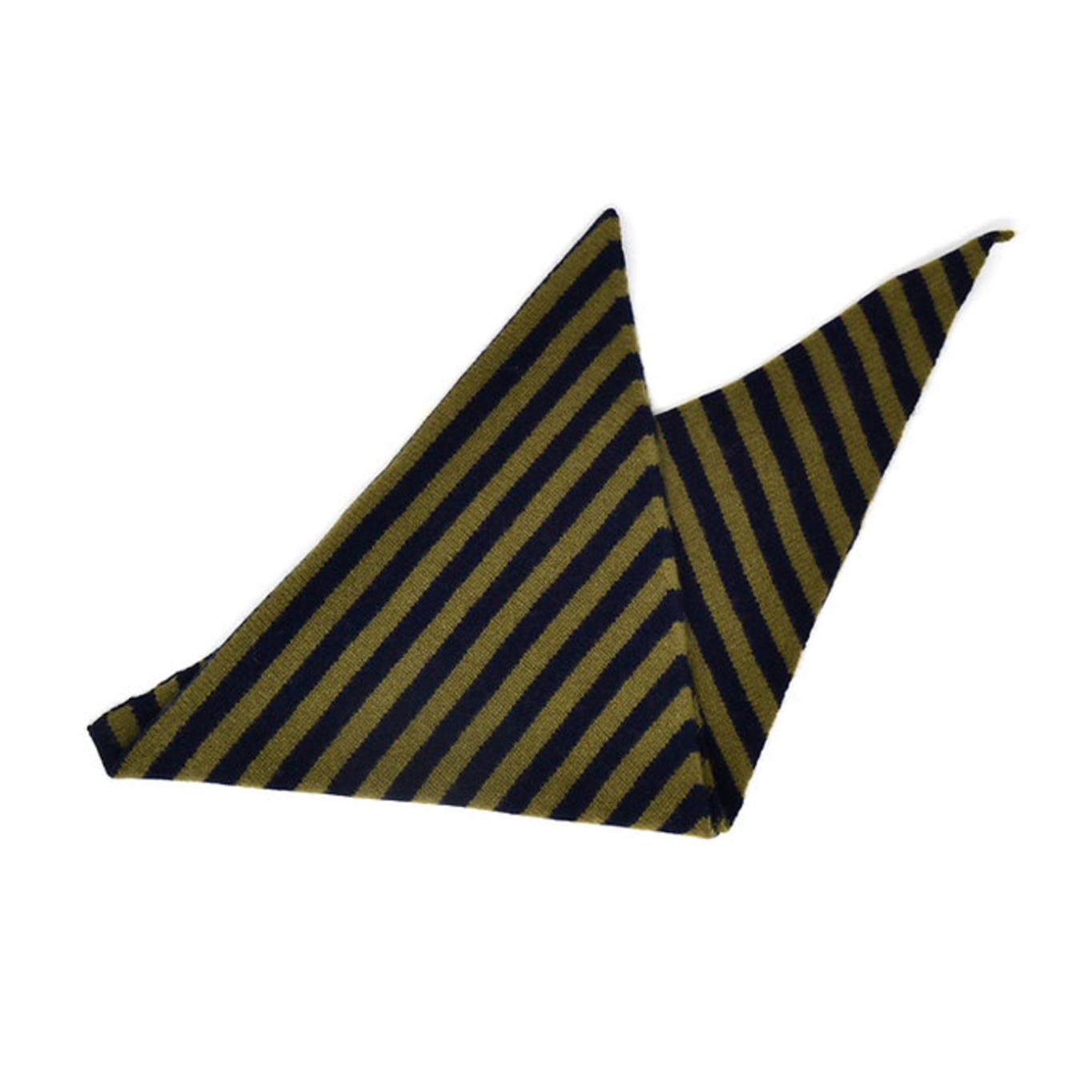 A folded Scarlet Knitwear brand lambswool triangle scarf with a navy and olive stripe design.