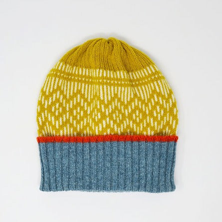 A Scarlet Knitwear brand 100% lambswool knitted hat with a geometric design inspired by Dundee city in yellow, lichen blue and orange.