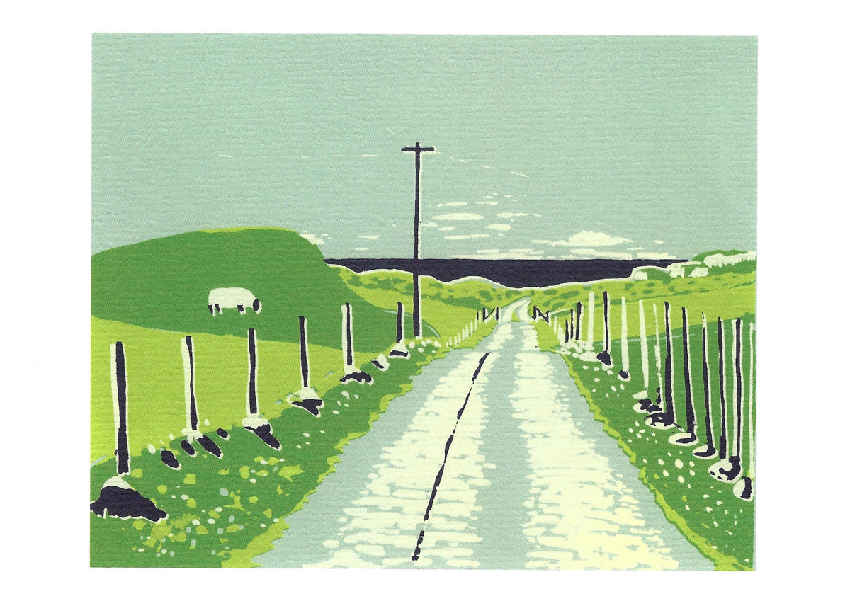 An A6 greeting card of a colourful landscape of the Machair Path on South Uist by Louise Millar.