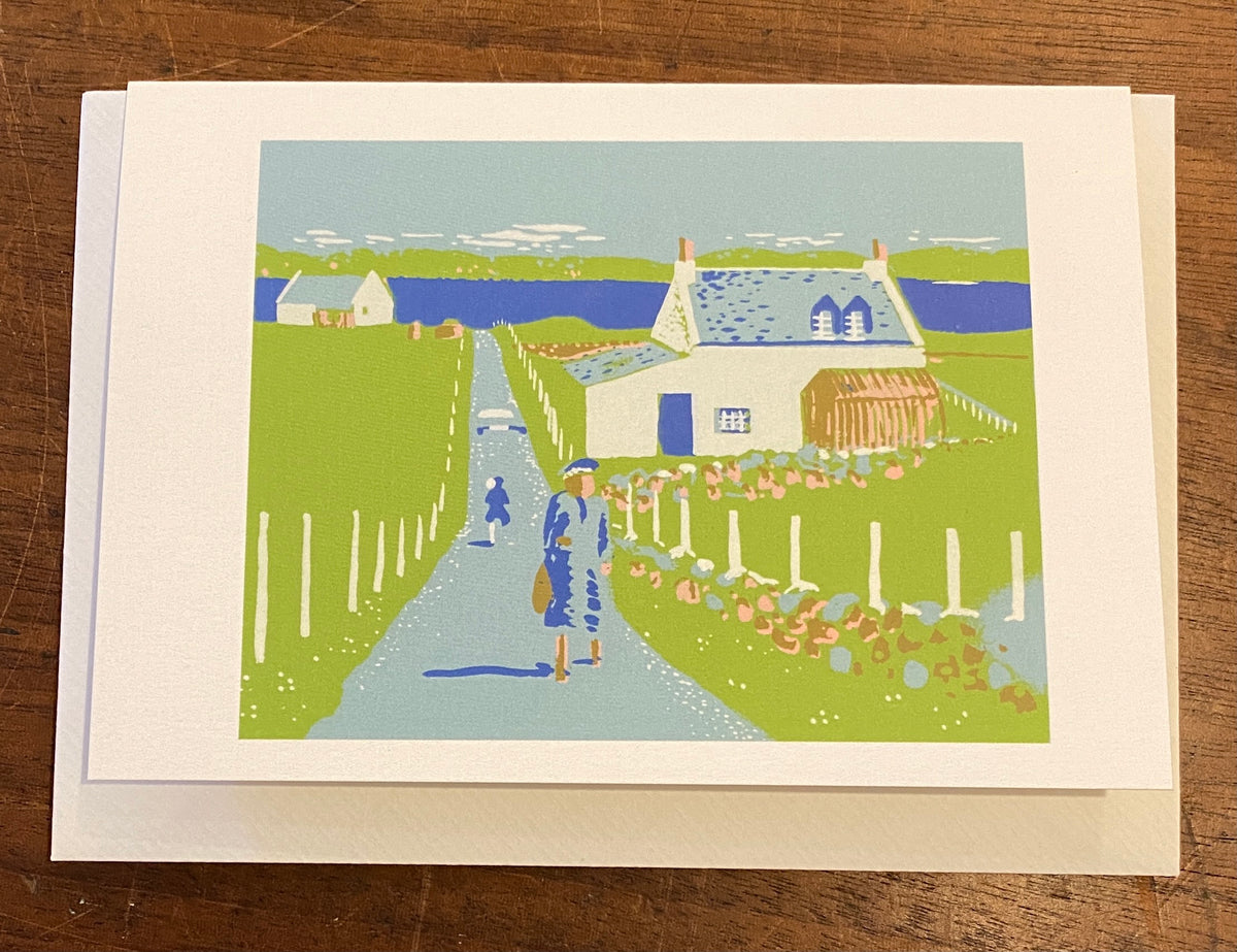 A gift card with artwork of a colourful landscape with cottages and people by Louise Millar.