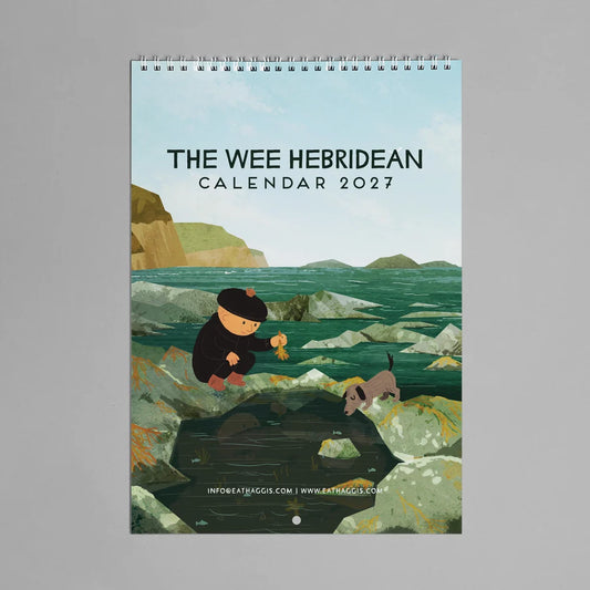 Cover of 'The Wee Hebridean' 2027 calendar by Hole In My Pocket with an illustration of a boy and dog on the coastline.