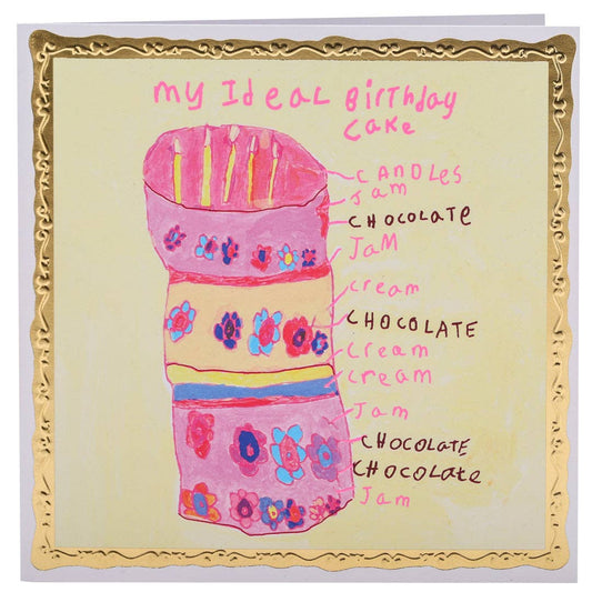 A birthday card with a colourful illustration of a birthday cake, labelled with its layers of chocolate, jam and cream, and candles. It is surrounded by a shiny gold frame. 