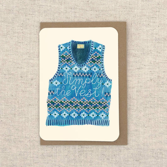 A greeting card with rounded edges and kraft envelope, featuring a colourful illustration of a knitted sweater vest and the words 'Simply the Vest!'.