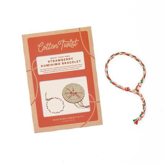 Cotton Twist strawberry Kumihimo bracelet kit with a completed bracelet on a white background