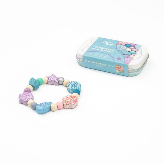 Colorful beaded bracelet kit with packaging on a white background