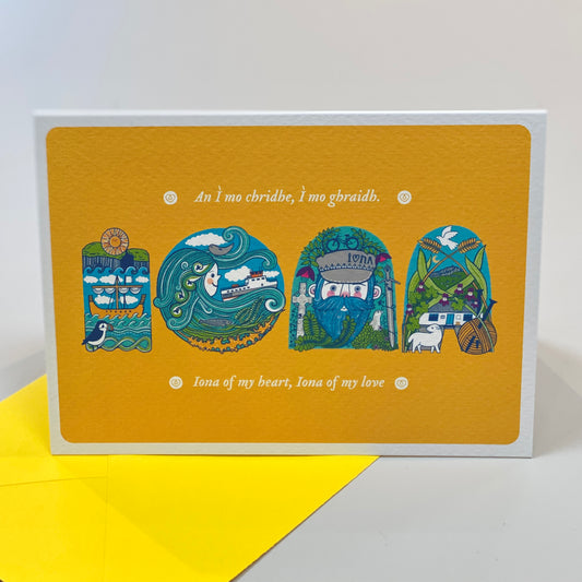 A6 card with yellow envelope featuring colourful artwork celebrating the iconic imagery and folklore of Iona in the shape of the letters I-O-N-A.
