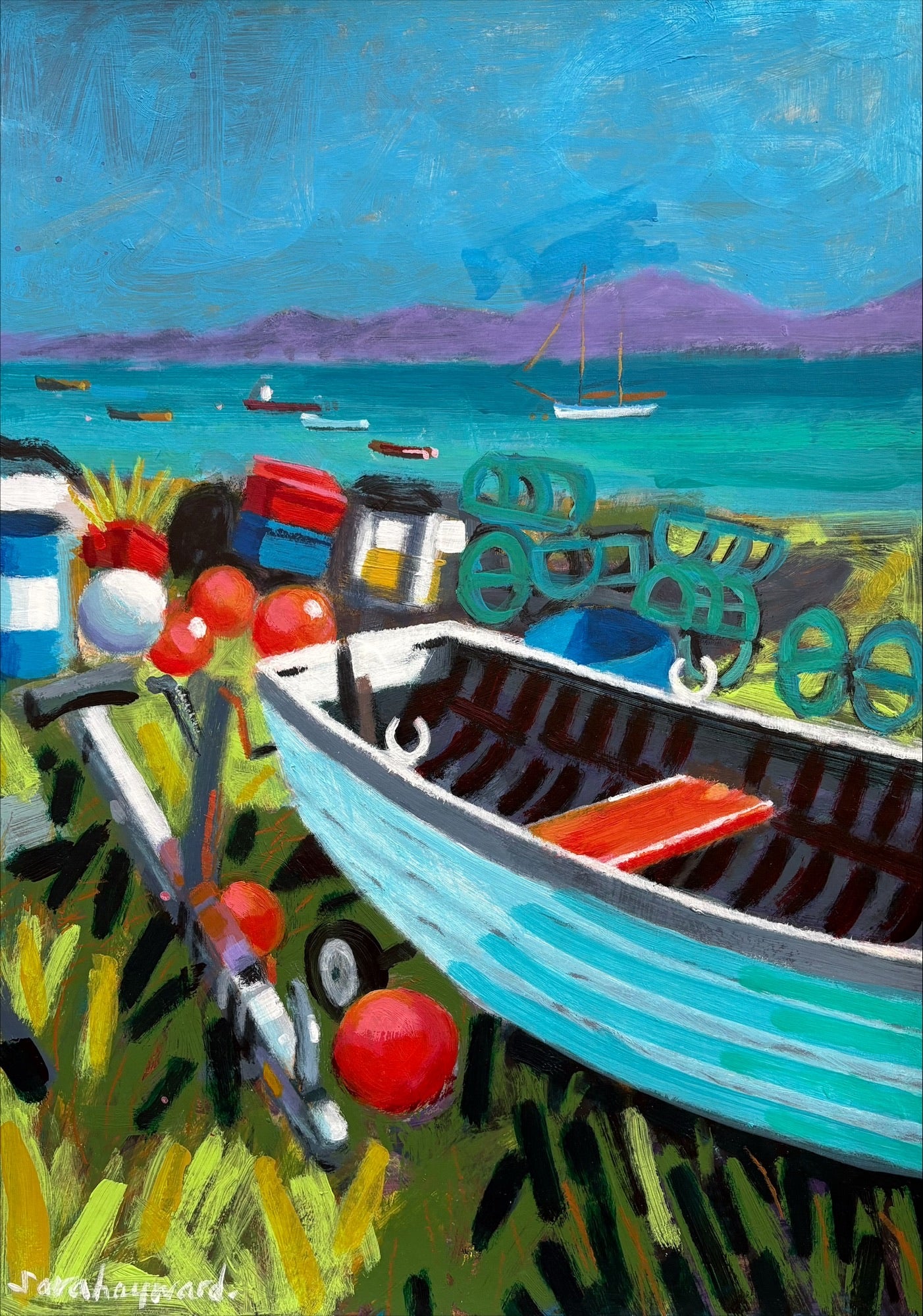A giclee print of a colourful semi-abstract landscape painting by Sara Hayward, inspired by Iona.