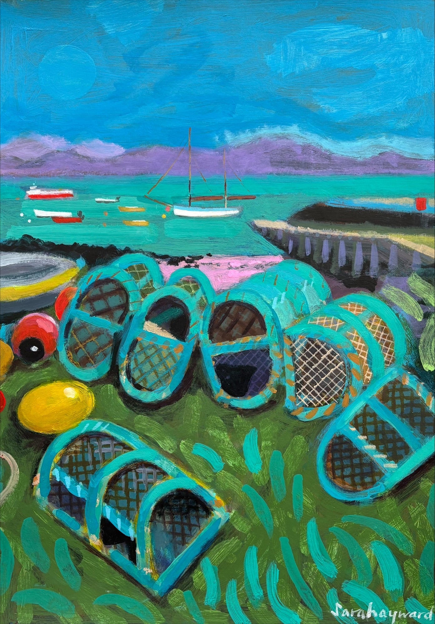 A giclee print of a colourful semi-abstract landscape painting by Sara Hayward, inspired by Iona.