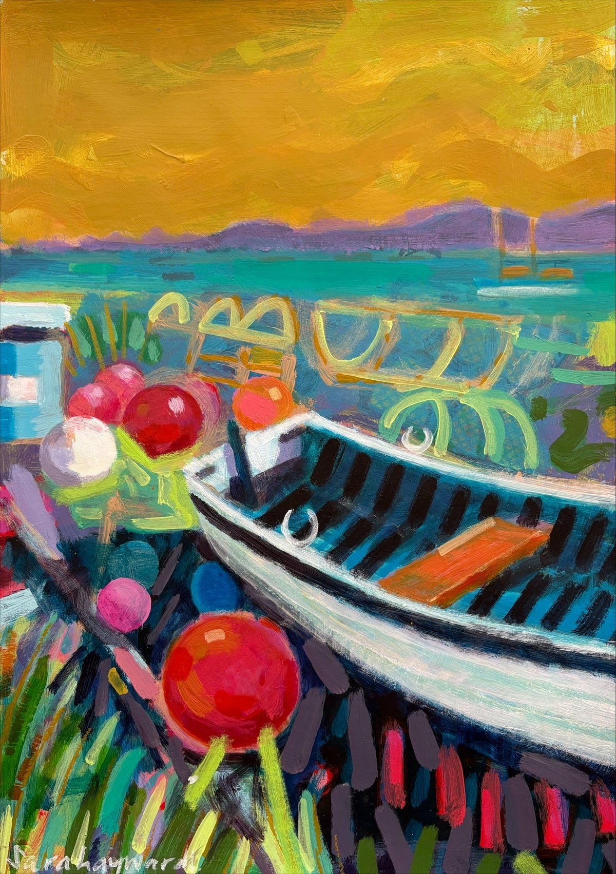 A giclee print of a colourful semi-abstract landscape painting by Sara Hayward, inspired by Iona.