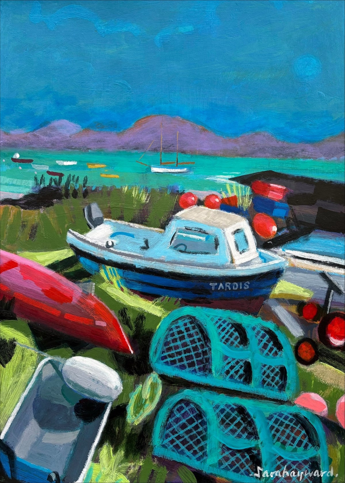 A giclee print of a colourful semi-abstract landscape painting by Sara Hayward, inspired by Iona.