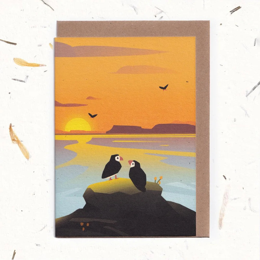 Sunset Puffins Greeting Card