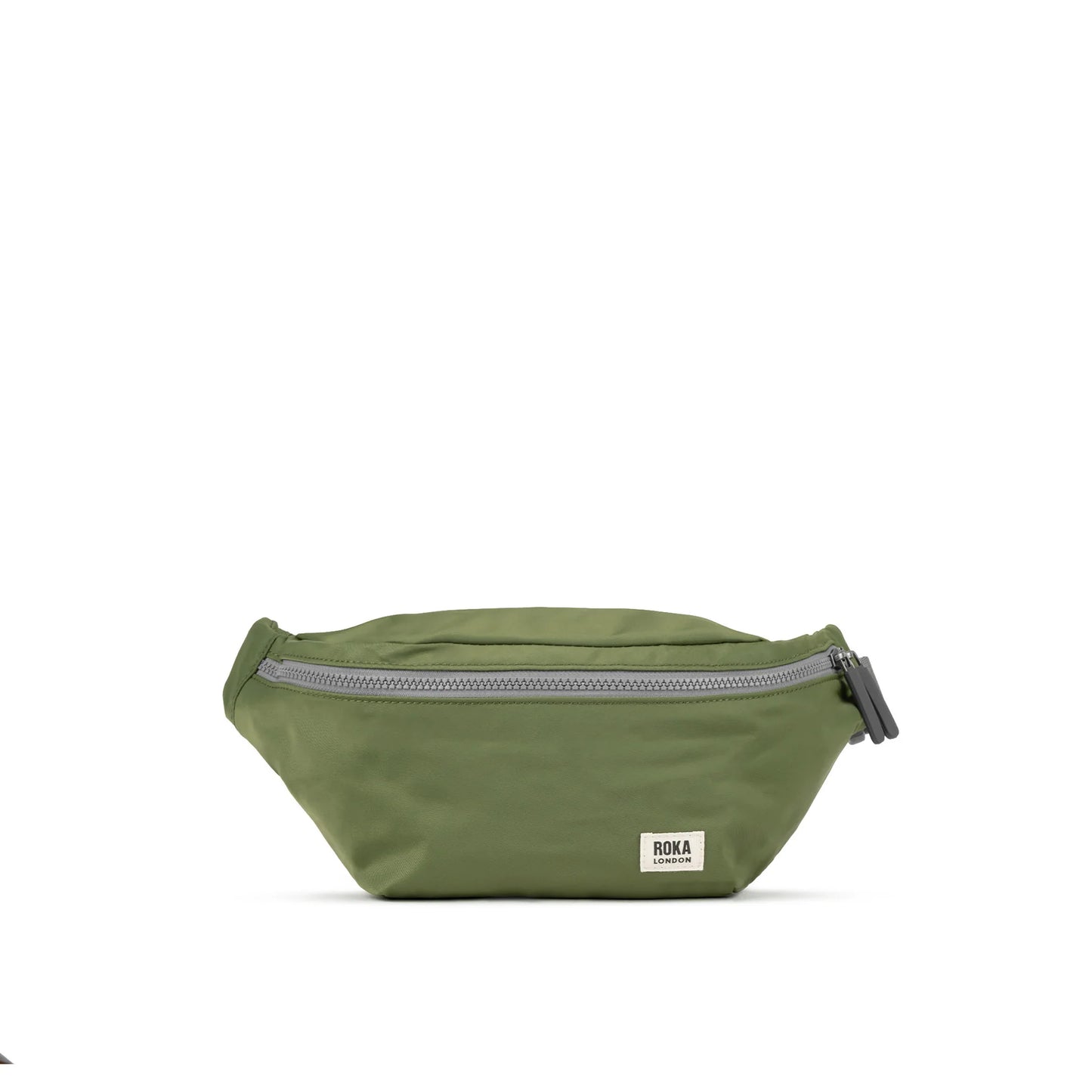 A sling bag with double zip openings and ROKA brand label. Made from recycled nylon in Avocado green.