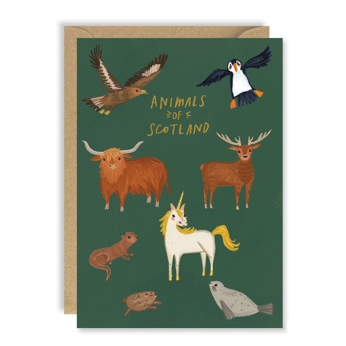 An A6 greeting card with kraft envelope featuring a colourful illustration by Joy Nevada of 'Animals of Scotland' including a highland cow, stag, puffin, seal and unicorn.