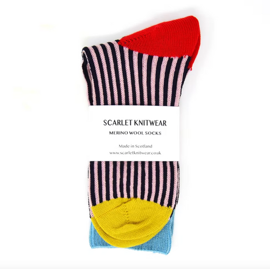 Merino Stripe Socks - Navy/Sand Rose