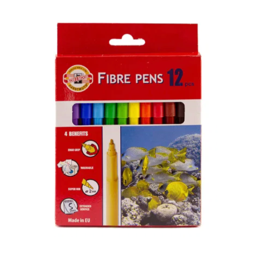 A packaged set of 12 Koh-I-Noor fibre pens in assorted colours.