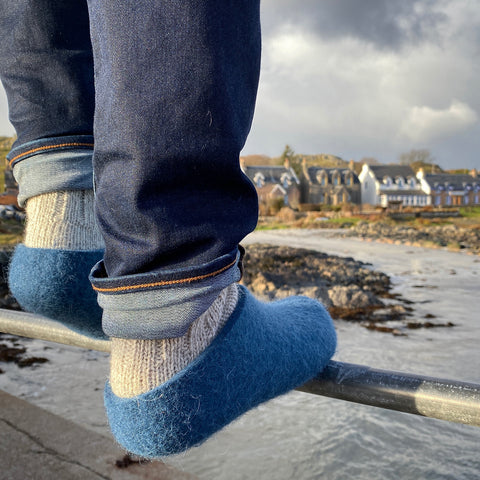 Iona Wool Felted Slippers - Low heel, Ocean Blue.