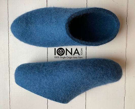 Iona Wool Felted Slippers - Low heel, Ocean Blue.
